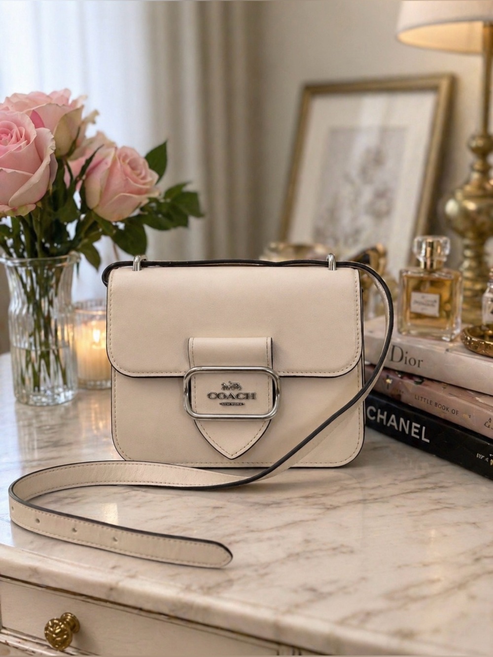 Coach Cream Leather Buckle Crossbody with Silver Hardware